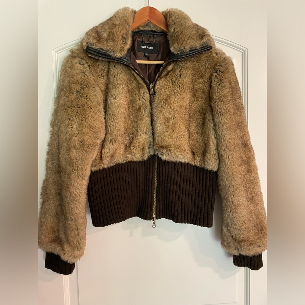 Express Y2K Faux Fur Teddy Jacket in Brown and Dark Brown
